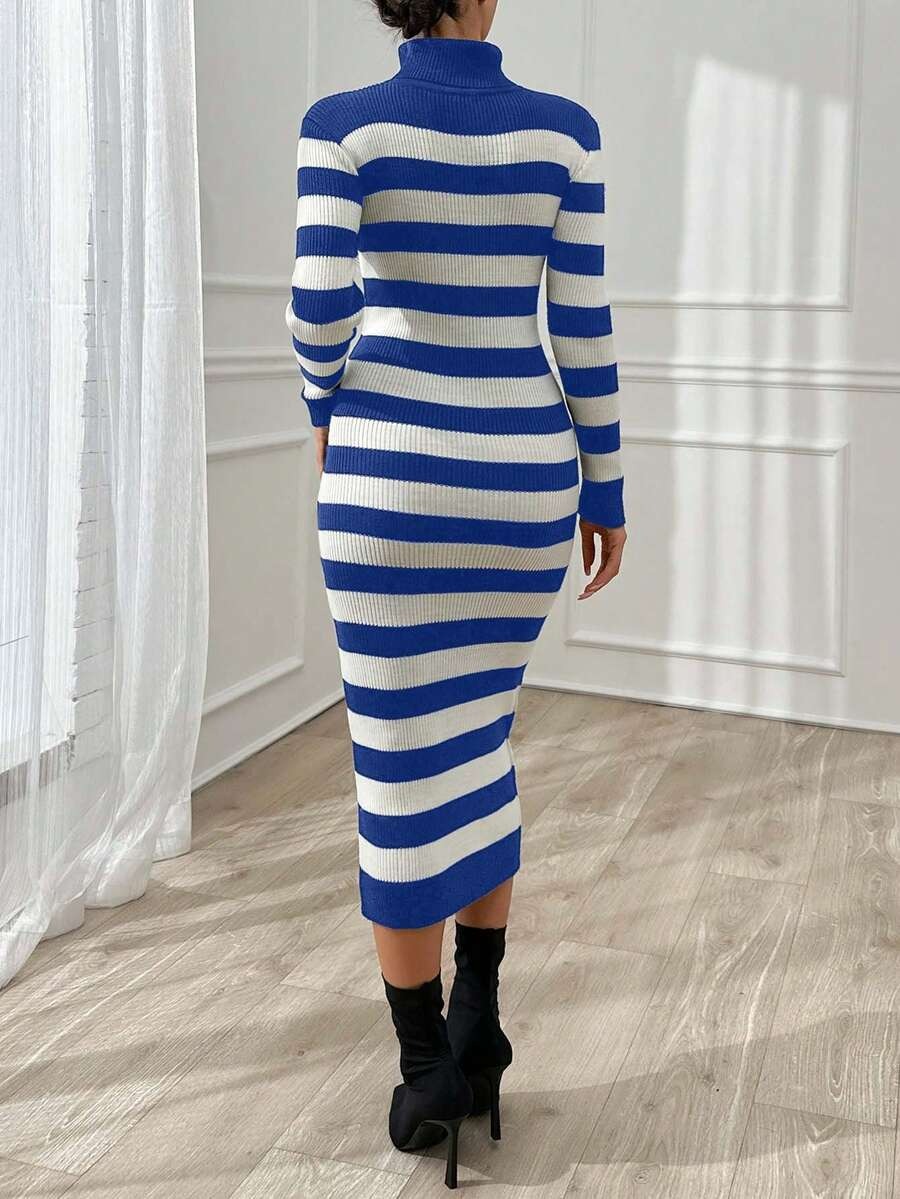 37 Rochie Midi Tricotata Madrid Albastra cu Dungi Albe - imagine 2