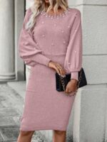 Rochie Scurta Tricotata Monalise Roz cu Maneci Bufante si Perle - imagine 3