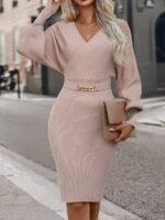 Rochie Scurta Tricotata Emilia Roz Pudra cu Maneci Bufante
