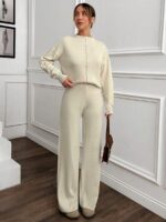 Compleu Tricotat cu Pantalon Clarah Alb