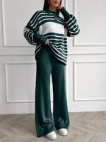 Compleu Tricotat cu Pantalon Patricia Verde Inchis cu Dungi Albe