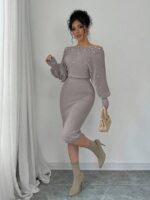 Rochie Midi Tricotata Monalise Gri cu Perle - imagine 3