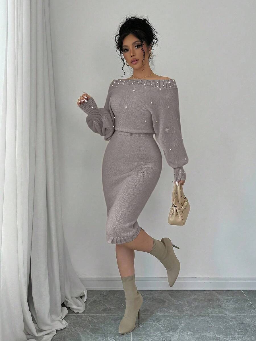 43 Rochie Midi Tricotata Monalise Gri cu Perle - imagine 3