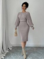Rochie Midi Tricotata Monalise Gri cu Perle