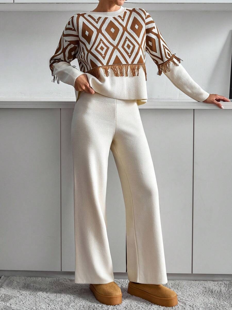 44 Compleu Tricotat cu Pantalon Ophelia Crem cu Print Maro - imagine 4