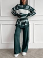 Compleu Tricotat cu Pantalon Patricia Verde Inchis cu Dungi Albe - imagine 3