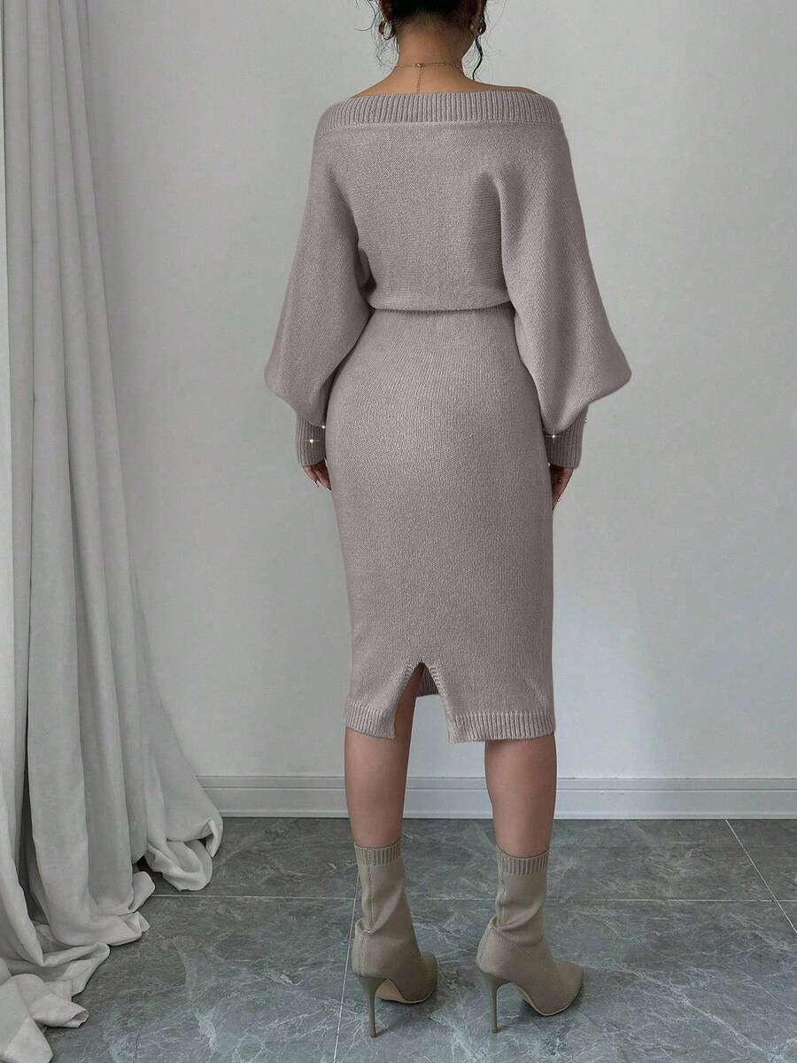 45 Rochie Midi Tricotata Monalise Gri cu Perle - imagine 2
