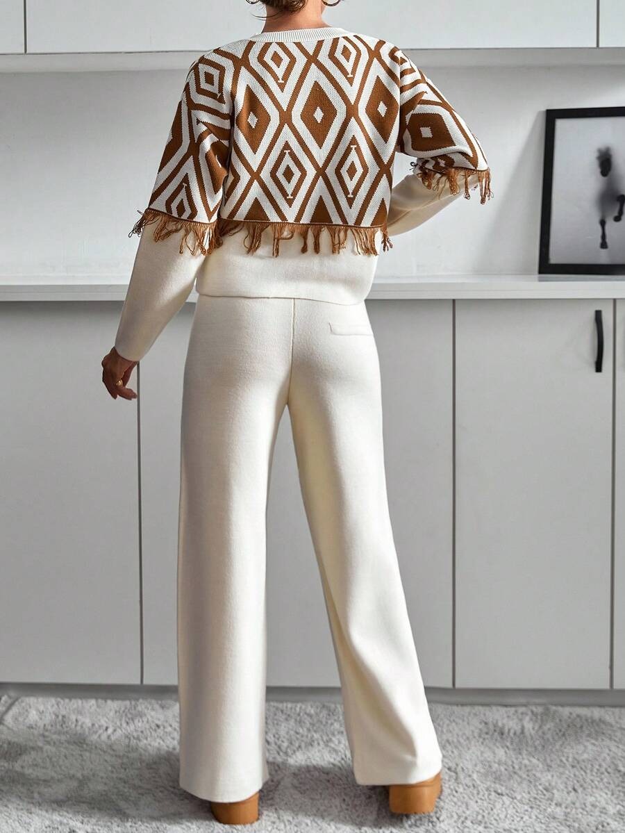 45 Compleu Tricotat cu Pantalon Ophelia Crem cu Print Maro - imagine 2