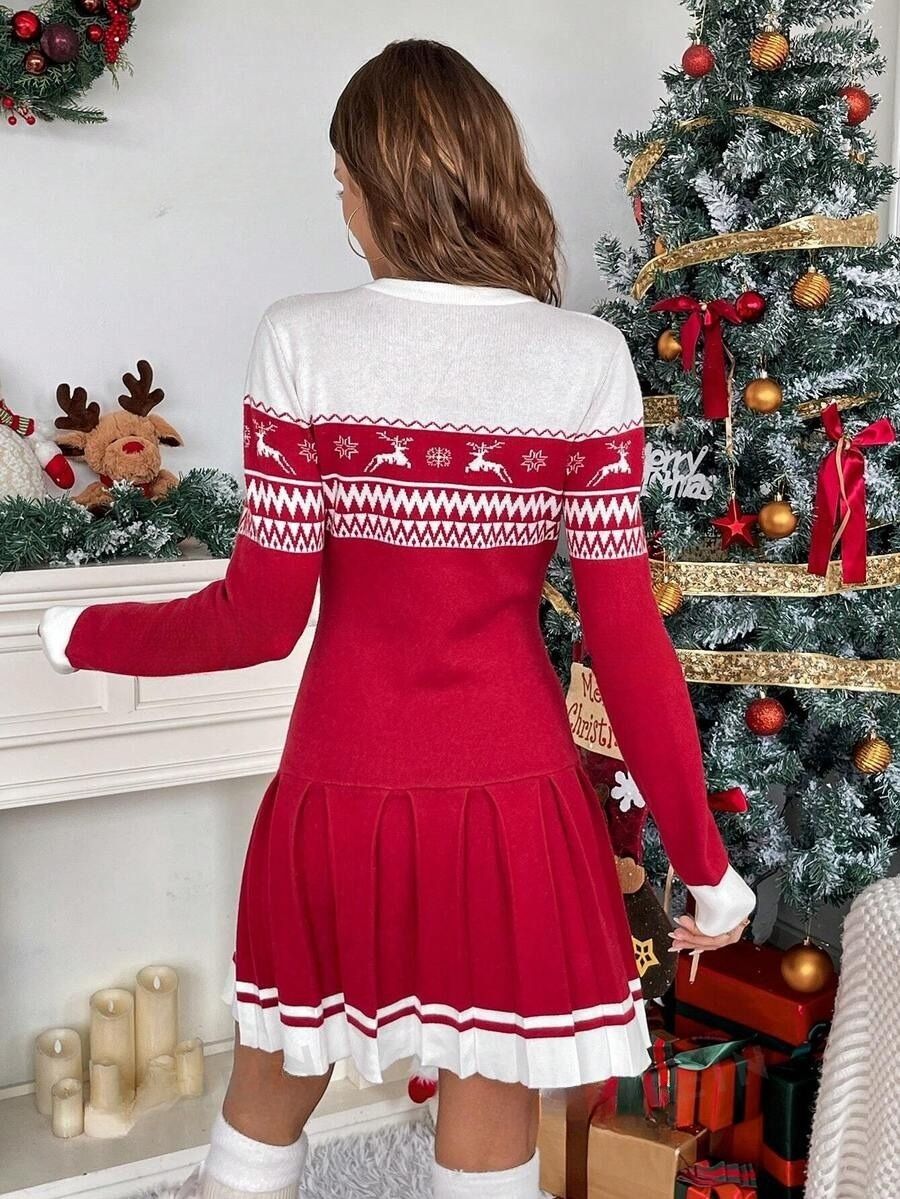 46 Rochie Scurta Tricotata Gaston Rosie cu Model de Craciun - imagine 2