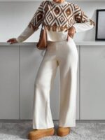 Compleu Tricotat cu Pantalon Ophelia Crem cu Print Maro