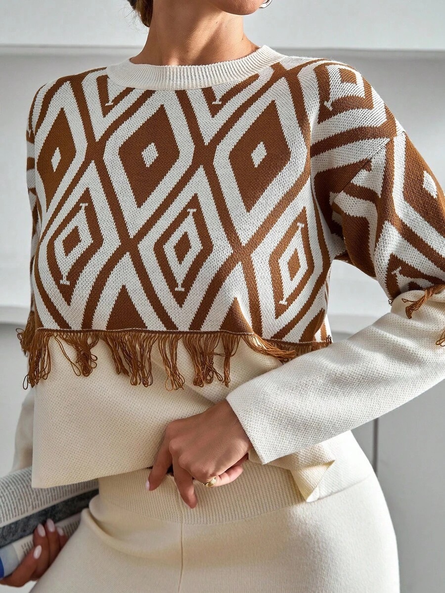 47 Compleu Tricotat cu Pantalon Ophelia Crem cu Print Maro - imagine 3