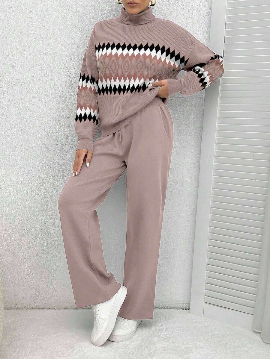 49 Compleu Tricotat cu Pantalon Cosima Roz cu Print Geometric - imagine 3