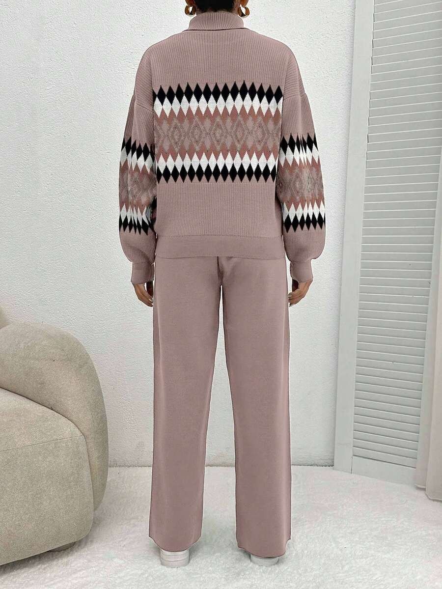 50 Compleu Tricotat cu Pantalon Cosima Roz cu Print Geometric - imagine 2