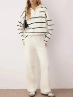 Compleu Tricotat cu Pantalon Viorela Alb cu Dungi Negre