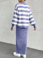 Compleu Tricotat cu Rochie Lunga Francesca Lila cu Dungi Albe - imagine 2