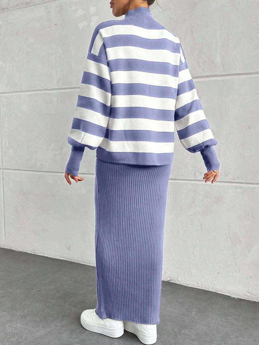 53 Compleu Tricotat cu Rochie Lunga Francesca Lila cu Dungi Albe - imagine 2