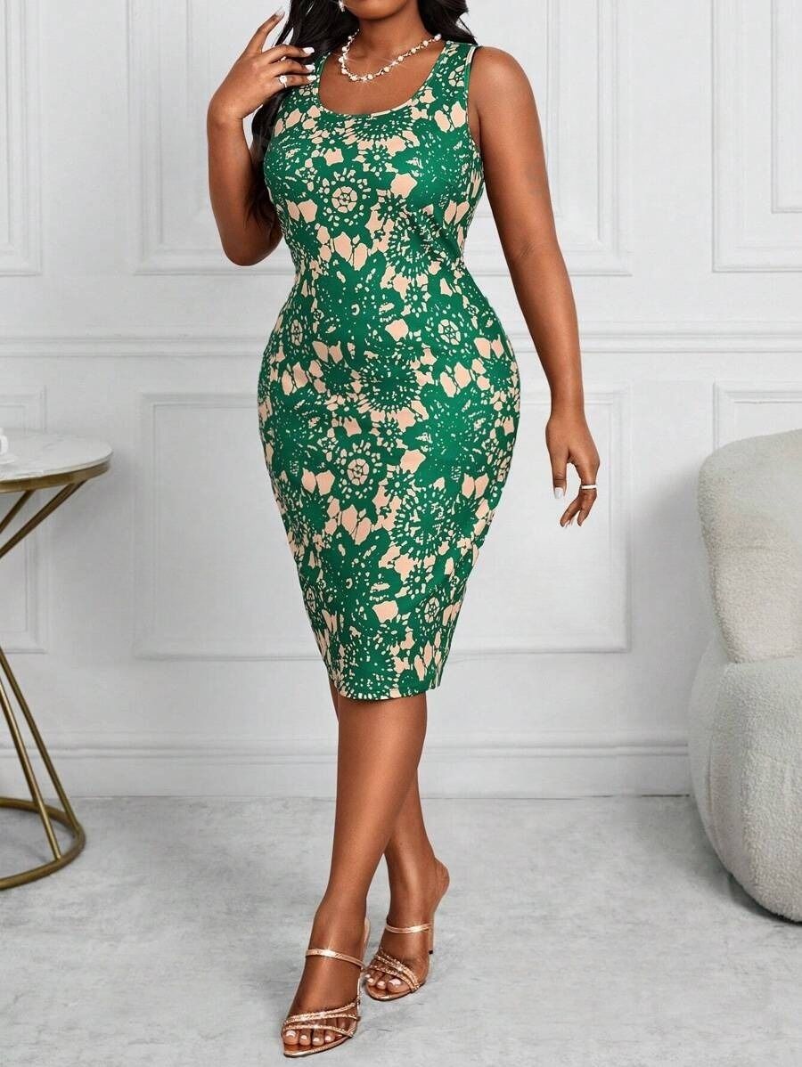 53 Compleu cu Rochie Scurta Aferdita Verde cu Print Crem - Marimi Mari - imagine 2