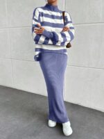 Compleu Tricotat cu Rochie Lunga Francesca Lila cu Dungi Albe - imagine 3