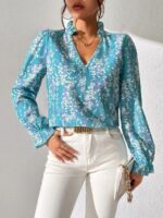 Bluza Dama Cora Bleu cu Print Alb