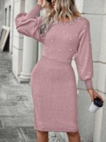 Rochie Scurta Tricotata Monalise Roz cu Maneci Bufante si Perle - imagine 2