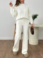 Compleu Tricotat cu Pantalon Vivianne Alb - imagine 3