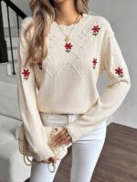 Pulover Tricotat Anda Crem cu Broderie Rosie