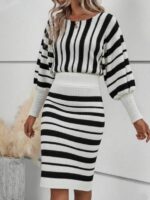 Rochie Scurta Tricotata Diana Alba cu Dungi Negre