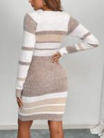Rochie Scurta Tricotata Andreea Bej cu Dungi Albe - imagine 2
