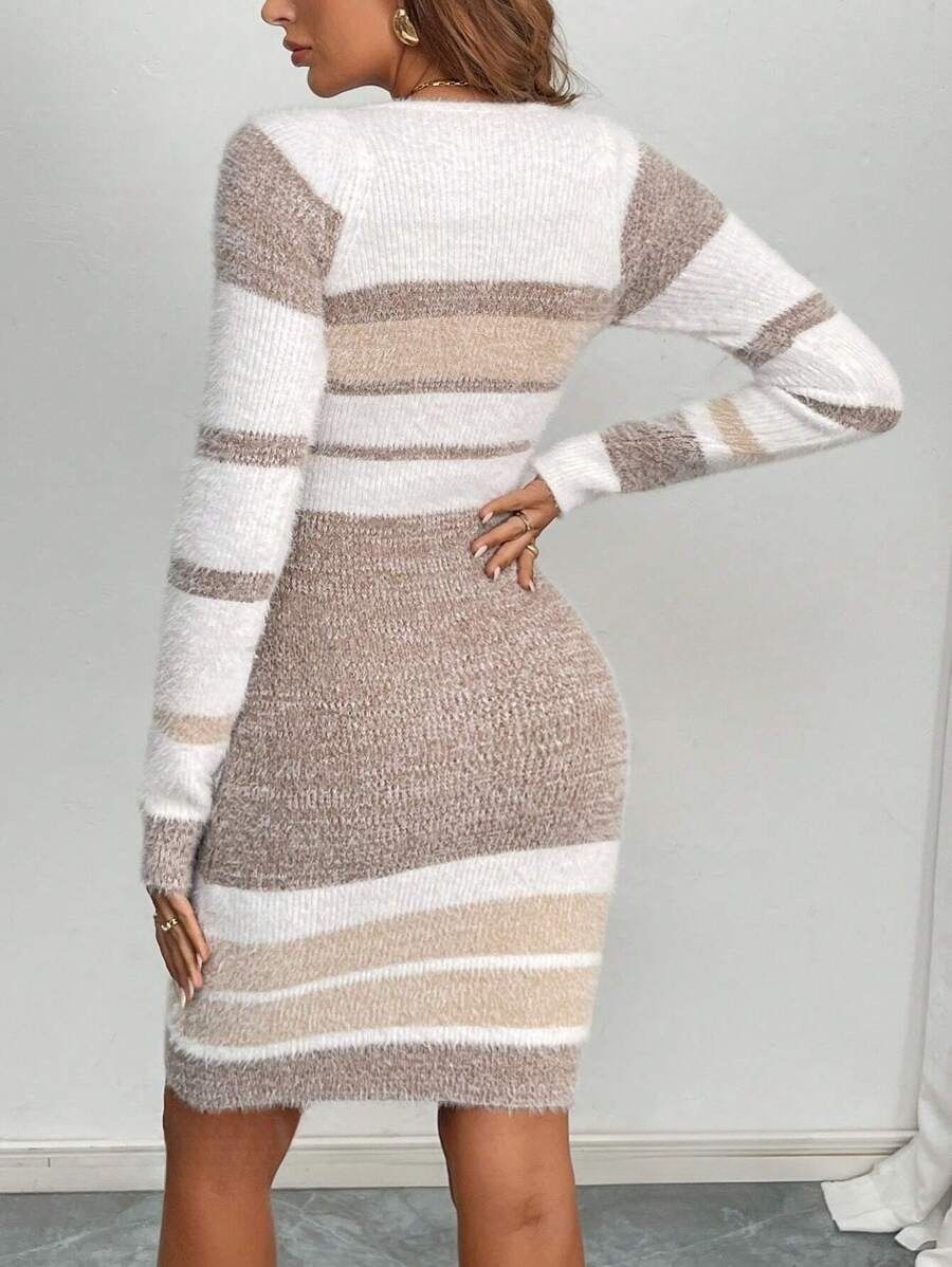 81 Rochie Scurta Tricotata Andreea Bej cu Dungi Albe - imagine 2