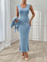 Compleu Tricotat cu Rochie Lunga Simona Bleu cu Perle - imagine 3