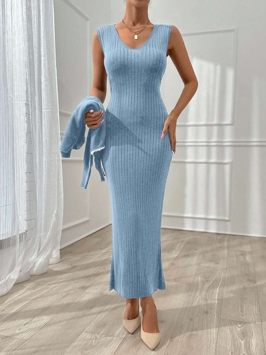 9 Compleu Tricotat cu Rochie Lunga Simona Bleu cu Perle - imagine 3