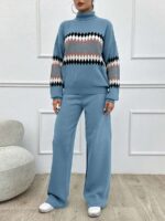 Compleu Tricotat cu Pantalon Cosima Bleu cu Print Geometric - imagine 2