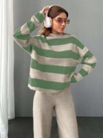 Compleu Tricotat cu Pantalon Madlen Bej cu Dungi Vernil - imagine 3