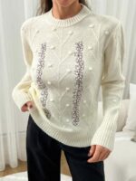 Pulover Tricotat Narely Bej cu broderie