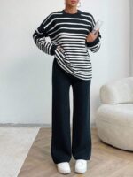 Compleu Tricotat cu Pantalon Donda Gri cu Dungi Albe