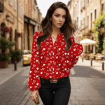 Bluza Dama Orsolia Rosie cu Print Inimioare Albe - imagine 4