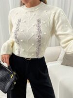 Pulover Tricotat Narely Bej cu broderie - imagine 3