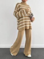 Compleu Tricotat cu Pantalon Iren Bej cu Dungi Albe - imagine 2