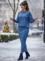 Compleu Tricotat format din Rochie fara Maneci si Bluza Gianna Albastru