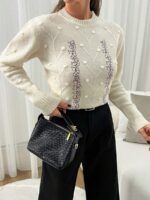 Pulover Tricotat Narely Bej cu broderie - imagine 4