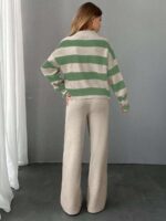 Compleu Tricotat cu Pantalon Madlen Bej cu Dungi Vernil - imagine 2