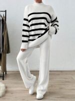 Compleu Tricotat cu Pantalon Oluva Alb cu Dungi Negre - imagine 3