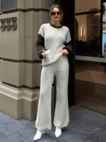 Compleu Tricotat cu Pantalon Hiba Bej Deschis cu Maneci Kaki