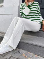 Compleu Tricotat cu Pantalon Gladis Alb cu Dungi Verzi - imagine 2