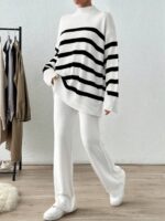 Compleu Tricotat cu Pantalon Oluva Alb cu Dungi Negre