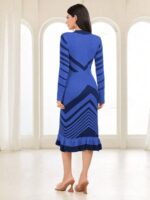 Rochie Midi Tricotata Kavya Albastra cu Dungi Negre - imagine 2