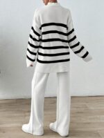 Compleu Tricotat cu Pantalon Oluva Alb cu Dungi Negre - imagine 2