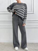 Compleu Tricotat cu Pantalon Lamia Gri cu Dungi Albe