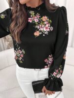 Bluza Dama Melita Neagra cu Print Floral Roz - imagine 3