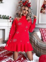 Rochie Scurta Tricotata Birte Rosie cu Fulgi de Nea